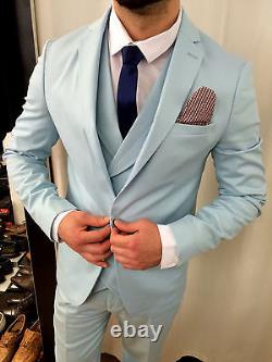 FIRST CLASS PLUS Suit Light Blue Fitted Double Row Vest Matching Shirt Set Of